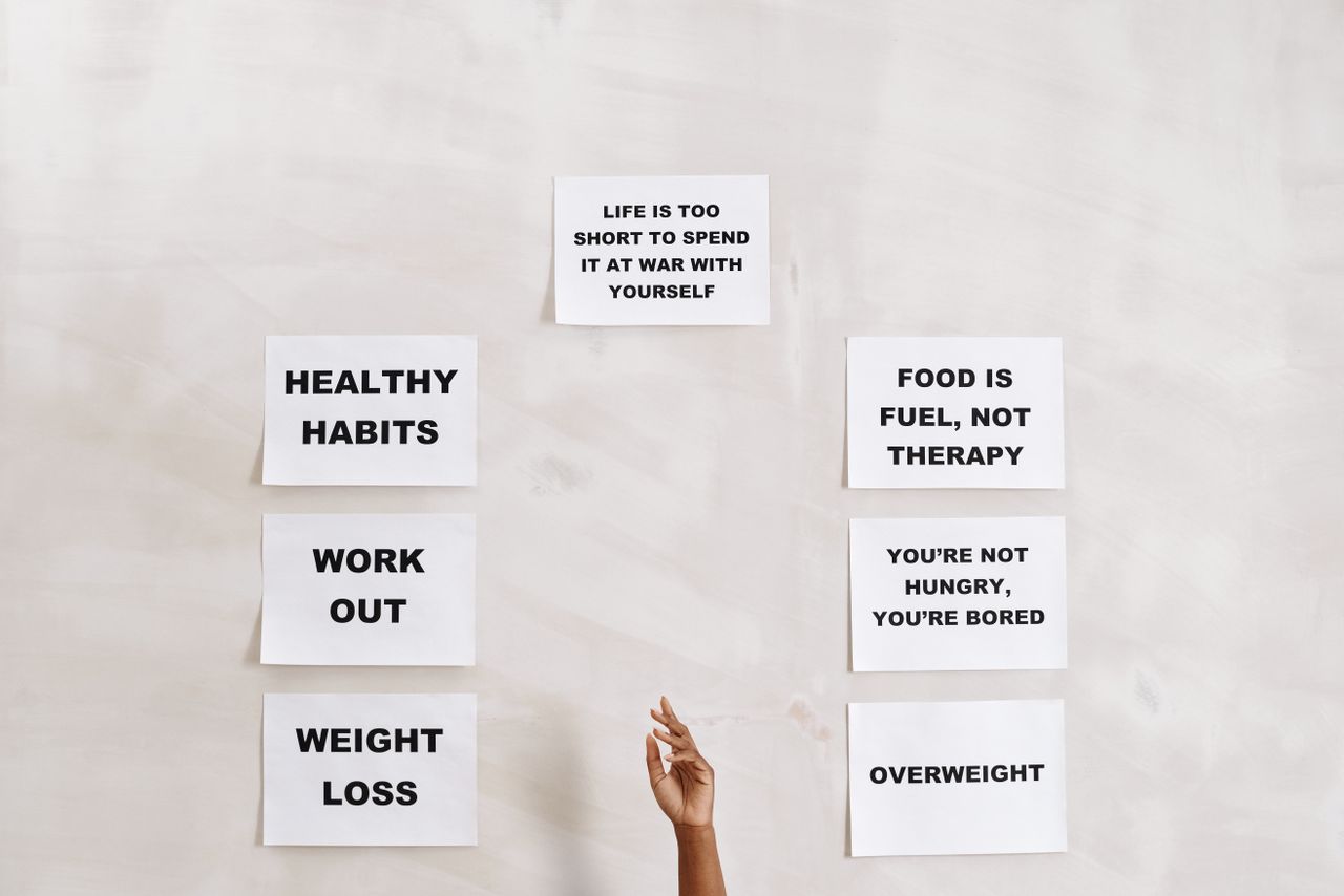 Collection of motivational quotes promoting healthy habits and mental well-being.